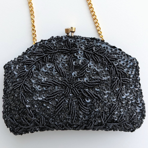 Vintage Petite Black Sequin and Beaded Evening Bag with Chain Handle - Picture 2 of 7